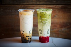 Yum ChaMilk Tea Boba Latte with Creme Brûlée Topping & Strawberry Matcha Latte with Green Tea Cream Topping